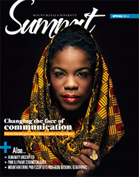 Cover of Summit Spring 2014 issue: Photo of Kimberley Jev staring straight at the camera wearing a colourful scarf over her head