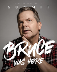 Cover of Summit Spring/Summer 2019 issue: Actor Bruce McCulloch looks wistfully upward and poses with hands pressed together under his chin.