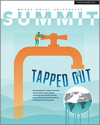 Cover of the Spring/Summer 2025 issue of Summit: An illustration that is textured of an exaggeratedly large water tap above a drawing of the planet with water dripping out of the planet like a container.