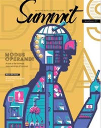 Cover of Summit Spring/Summer 2017 issue: A cutaway drawing of a robot like person. Inside many people are working away at a variety of tasks