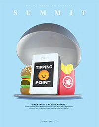 Cover of the Winter 2023/24 issue of Summit: A delicious burger, crispy fries, and a payment machine labeled tipping point.