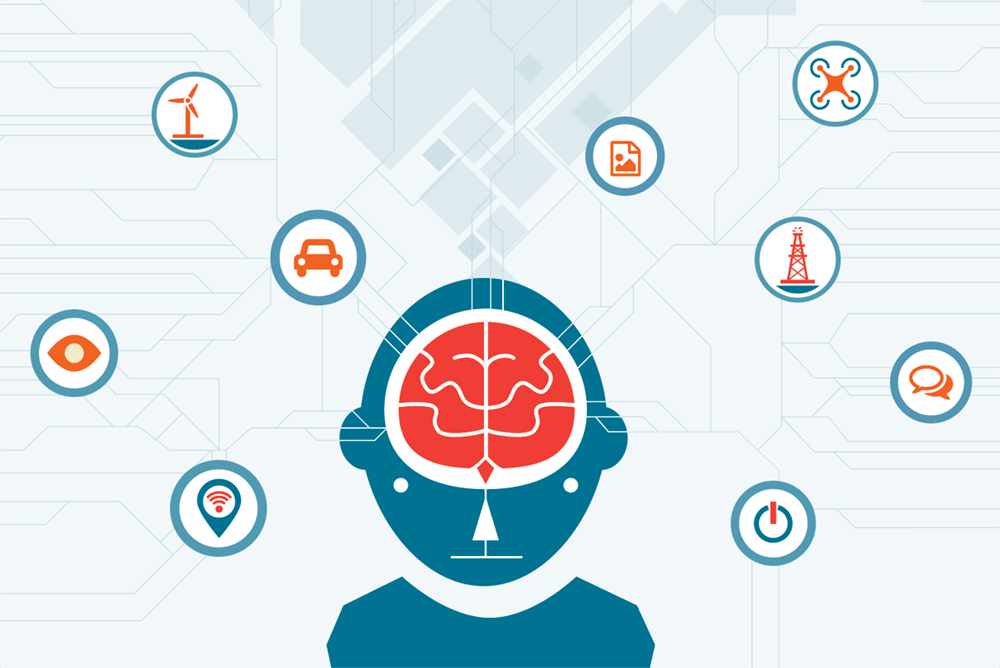 A illustration of a head with geometric lines coming out of his brain. There are icons representing new technologies at intersections of lines