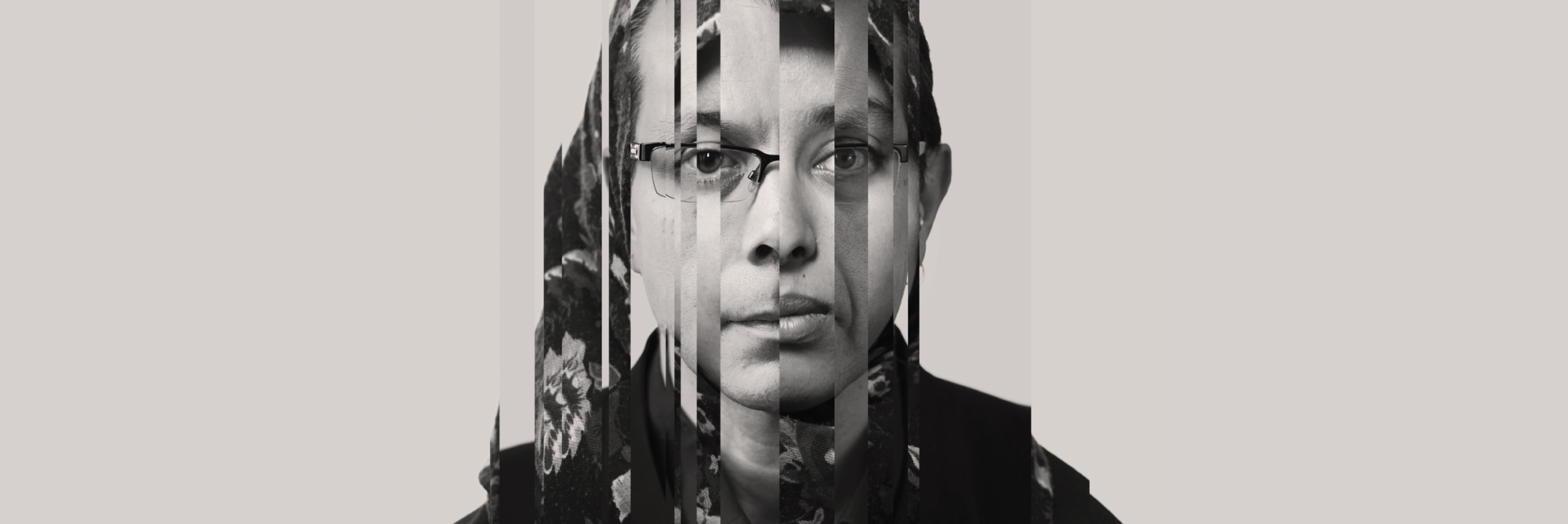 Two images of different Muslim individuals staring at the camera are spliced together in vertical lines.