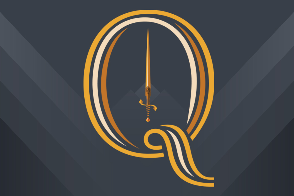 A stylistic illustration of the letter 'Q' frames an illustration of an intricately designed sword and faint mountains in the distance.