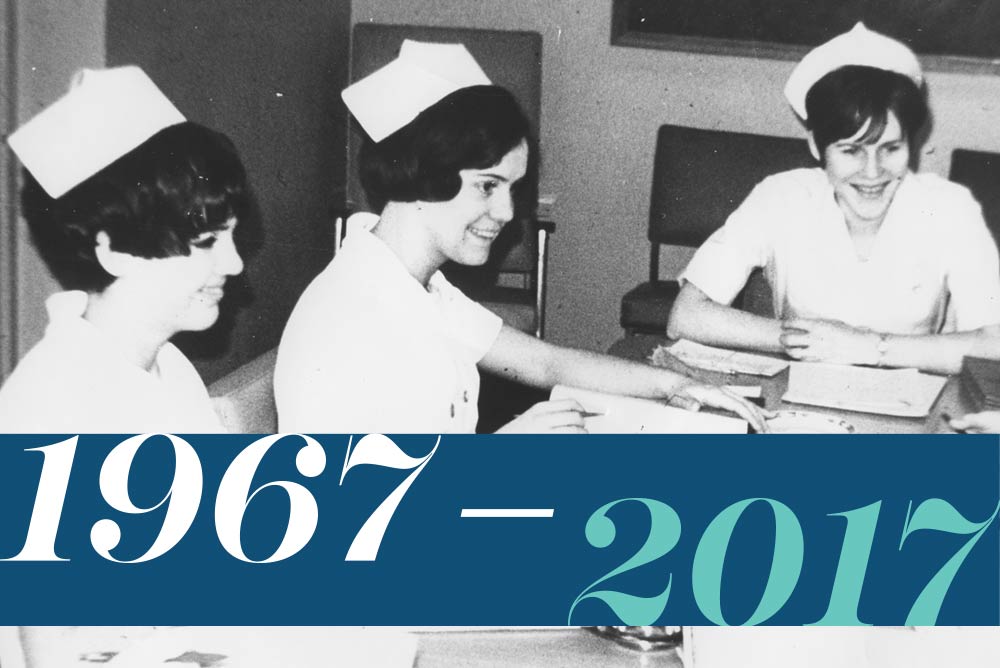 A historical photo of three nurses at Mount Royal College with stylized text that reads '1967 - 2017'