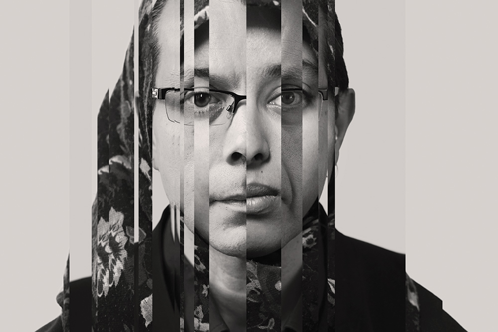 Two images of different Muslim individuals staring at the camera are spliced together in vertical lines. 