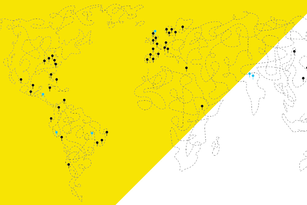 An illustrated map of the world with many locations marked.