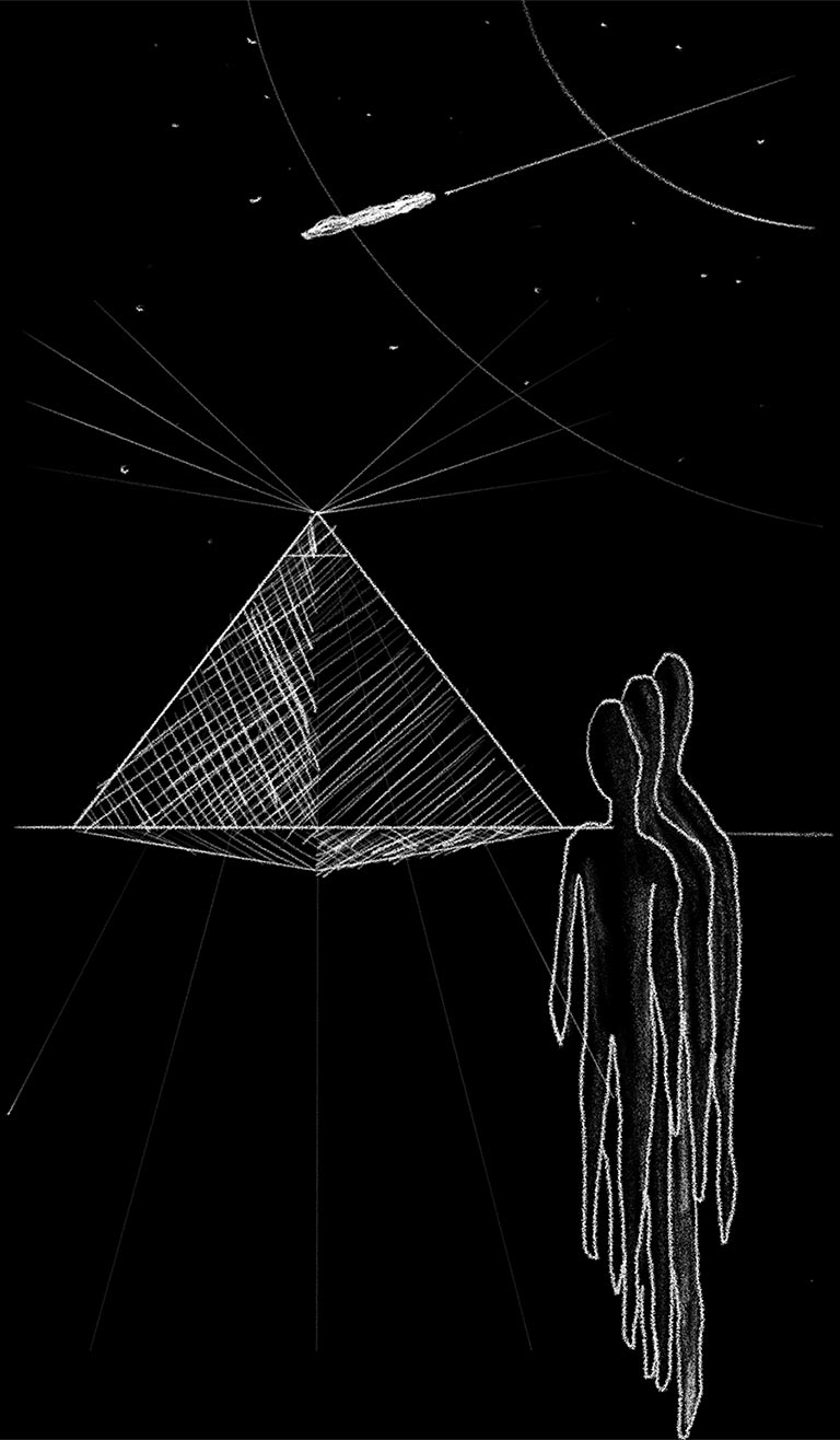 Sketch of a pyramid and three aliens on a space background.