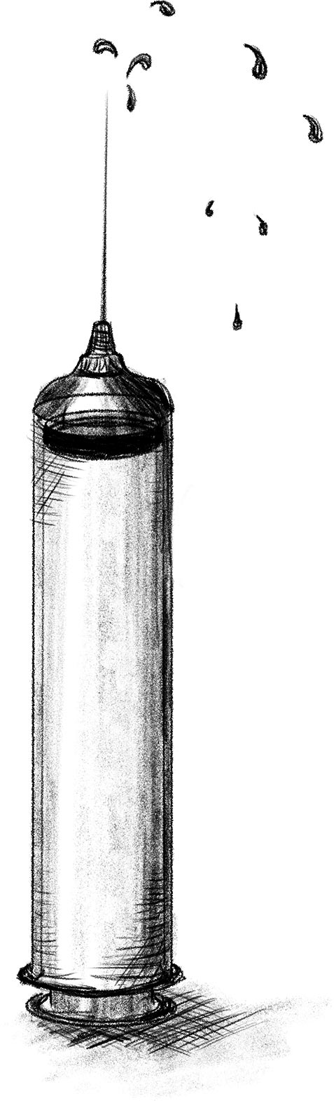 Sketch hypodermic needle squirting a liquid into the air.