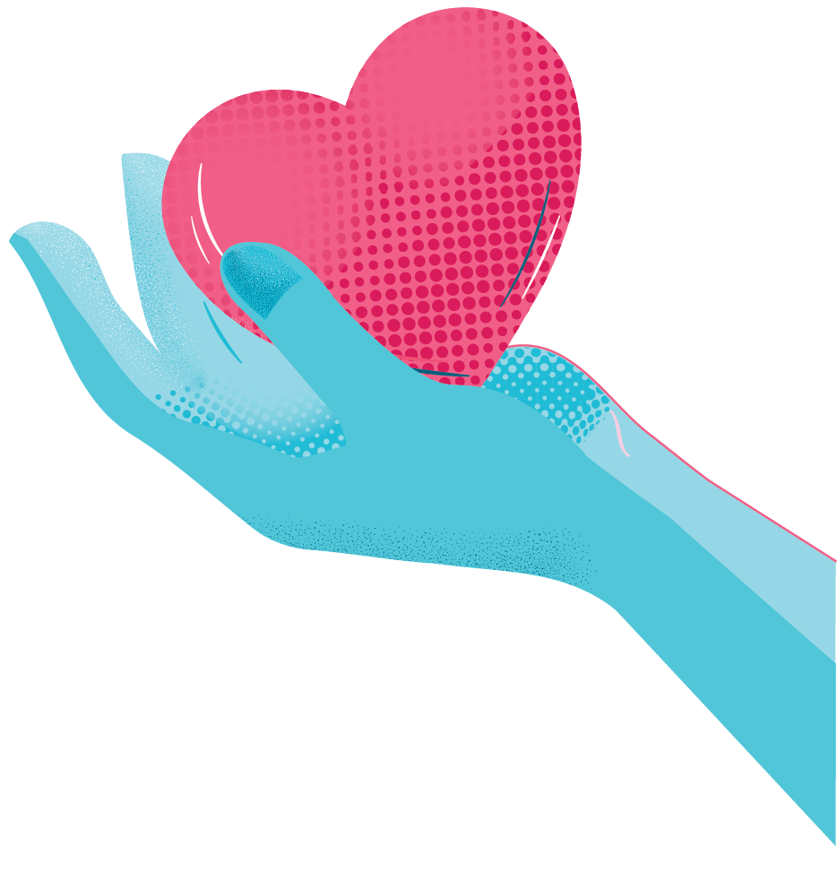 Illustration of a hand holding a cartoon heart.