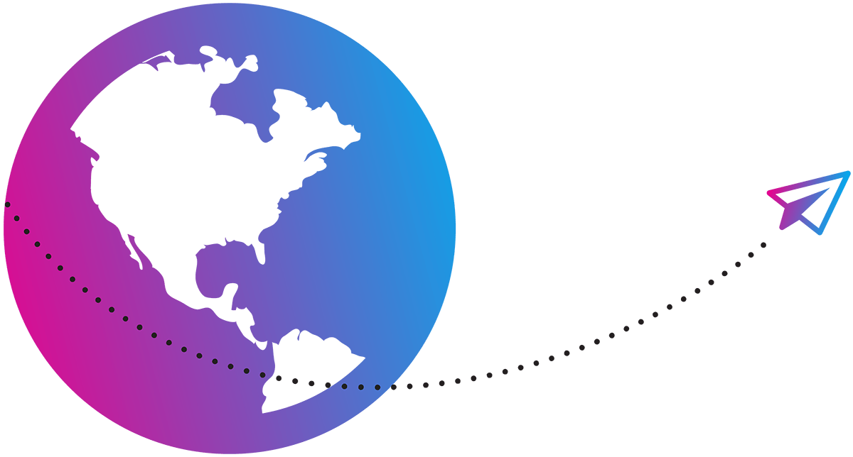 A paper airplane flies over a simplified graphic of a globe.