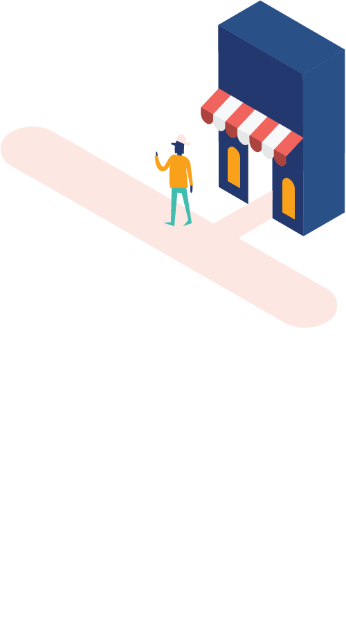 Isometric perspective illustration of a store front with two people chatting