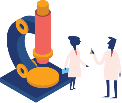 Illustration of two scientists standing beside a building sized microscope