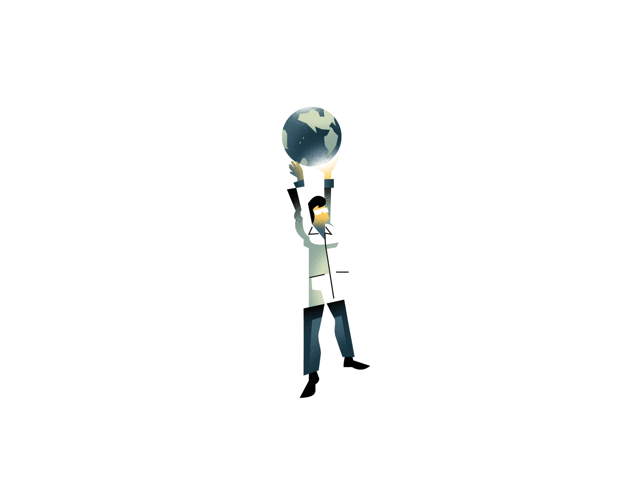 Illustration of a scientist holding a globe above his head