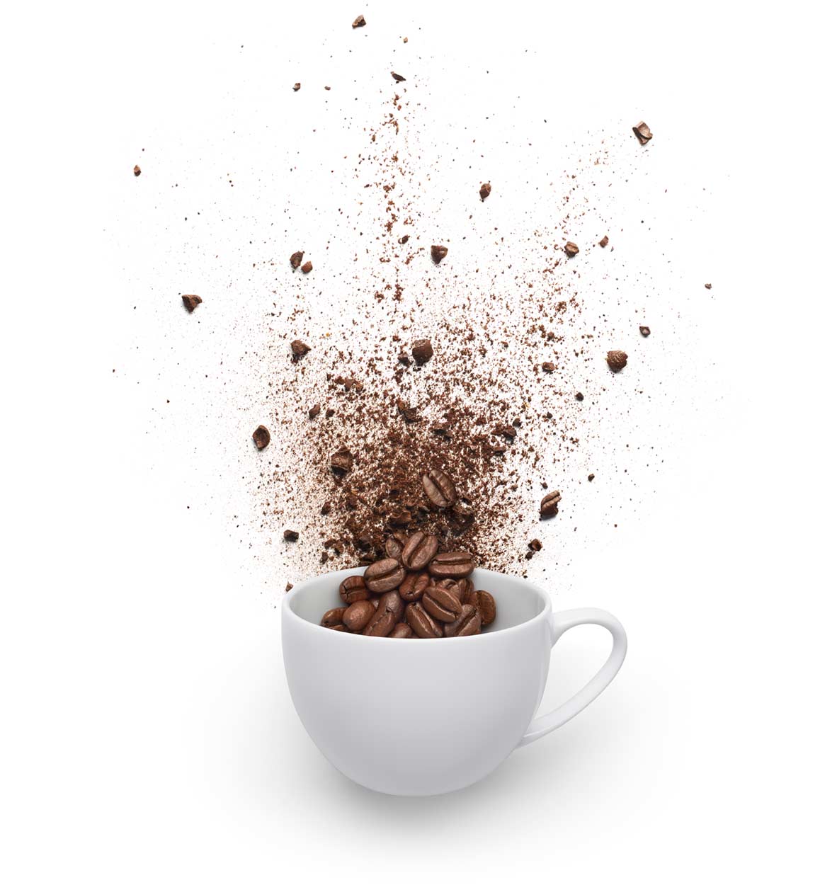 Coffee beans exploding out of a mug
