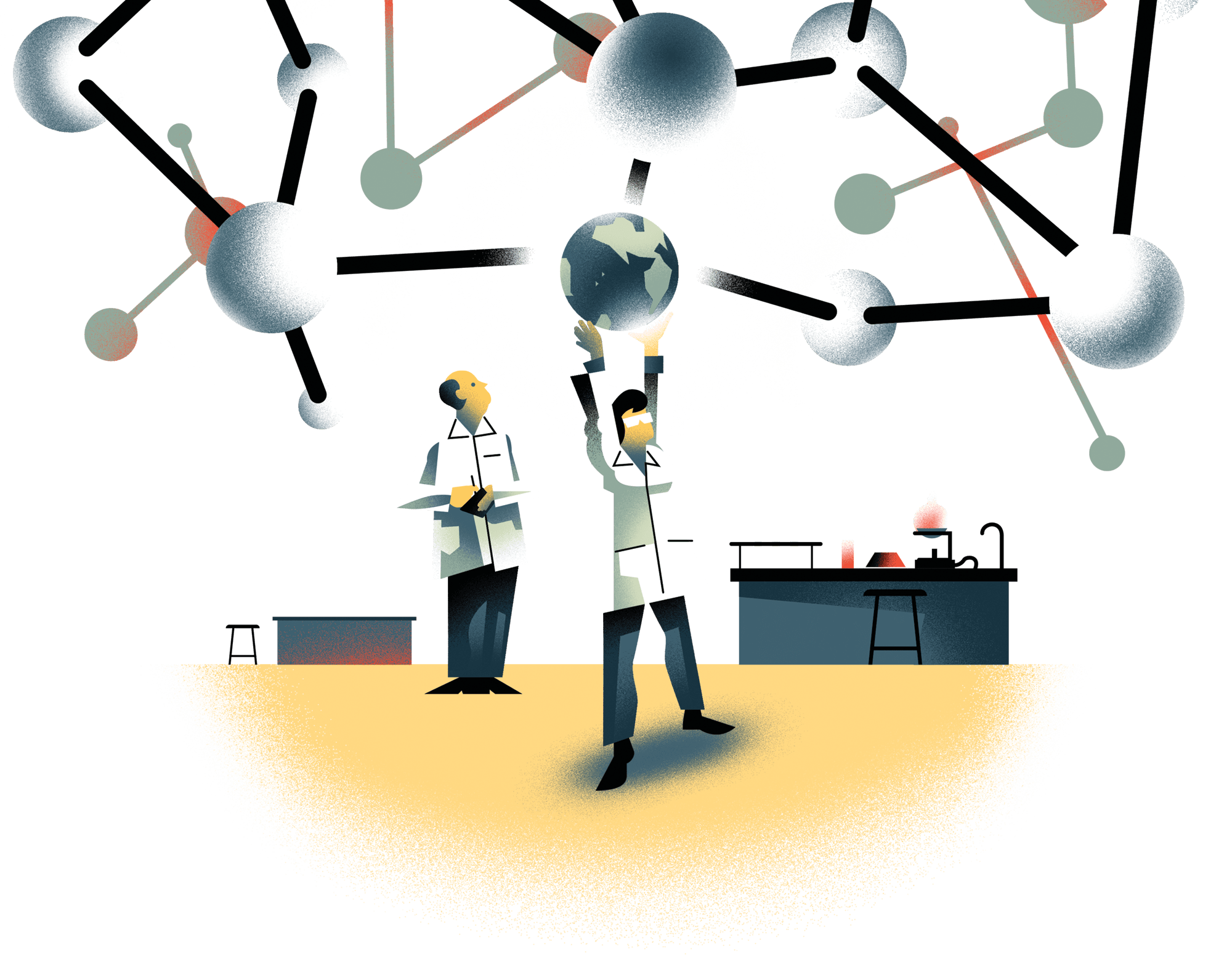 Illustration of a scientist holding a globe above his head. They are surrounded by other scientists and lab equipment and a chemical model floats above it all.