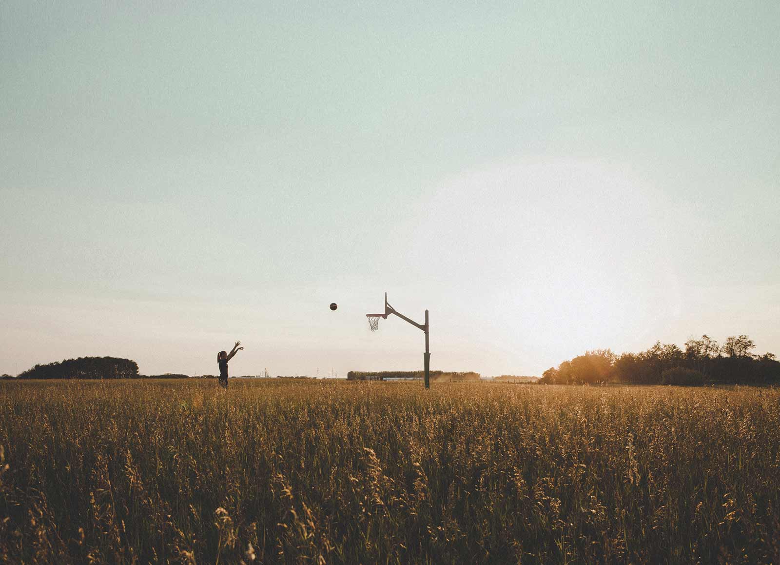 Sydney Tabin, member of the Cougars' Women's basketball team, stands in a corn field and shoots a basketball toward a net