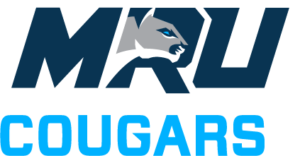 A version of the Mount Royal Cougars logo - the letters MRU with a graphic of a cougar looking right inside the letter R. The word cougars is underneath in a stylized font