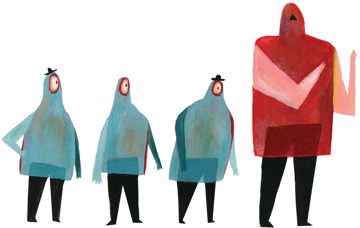 Stylized illustration of four people. Three are smaller and look inquisitively at the fourth, who is larger and differently coloured. This represents the AI among us.