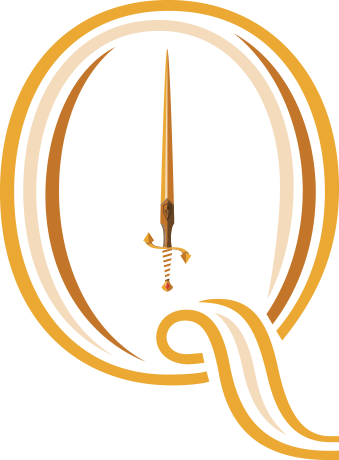 A ornate Q with a knife in the center