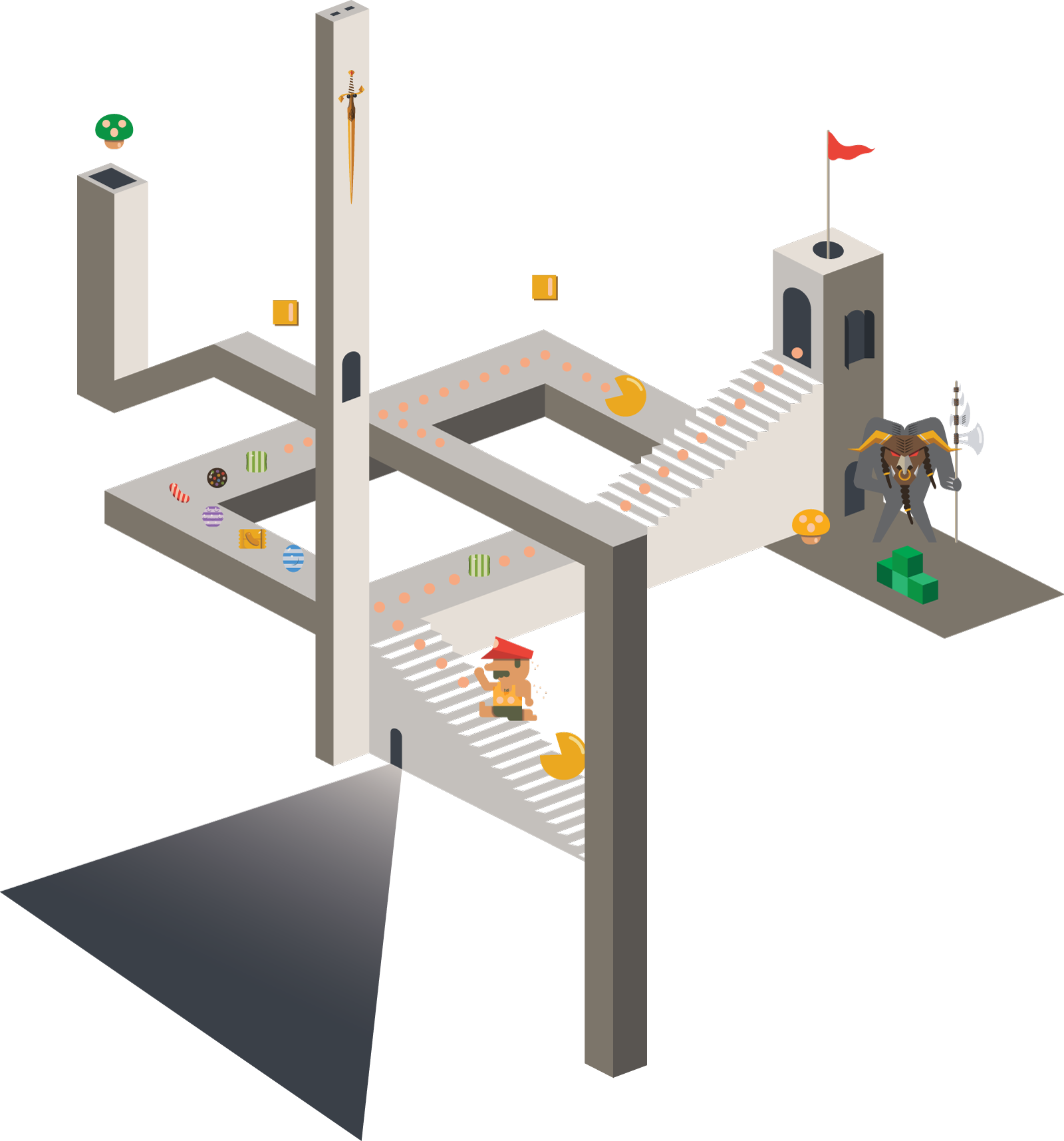 A stylized depiction of the video game Monument Valley with other video game characters and imagery