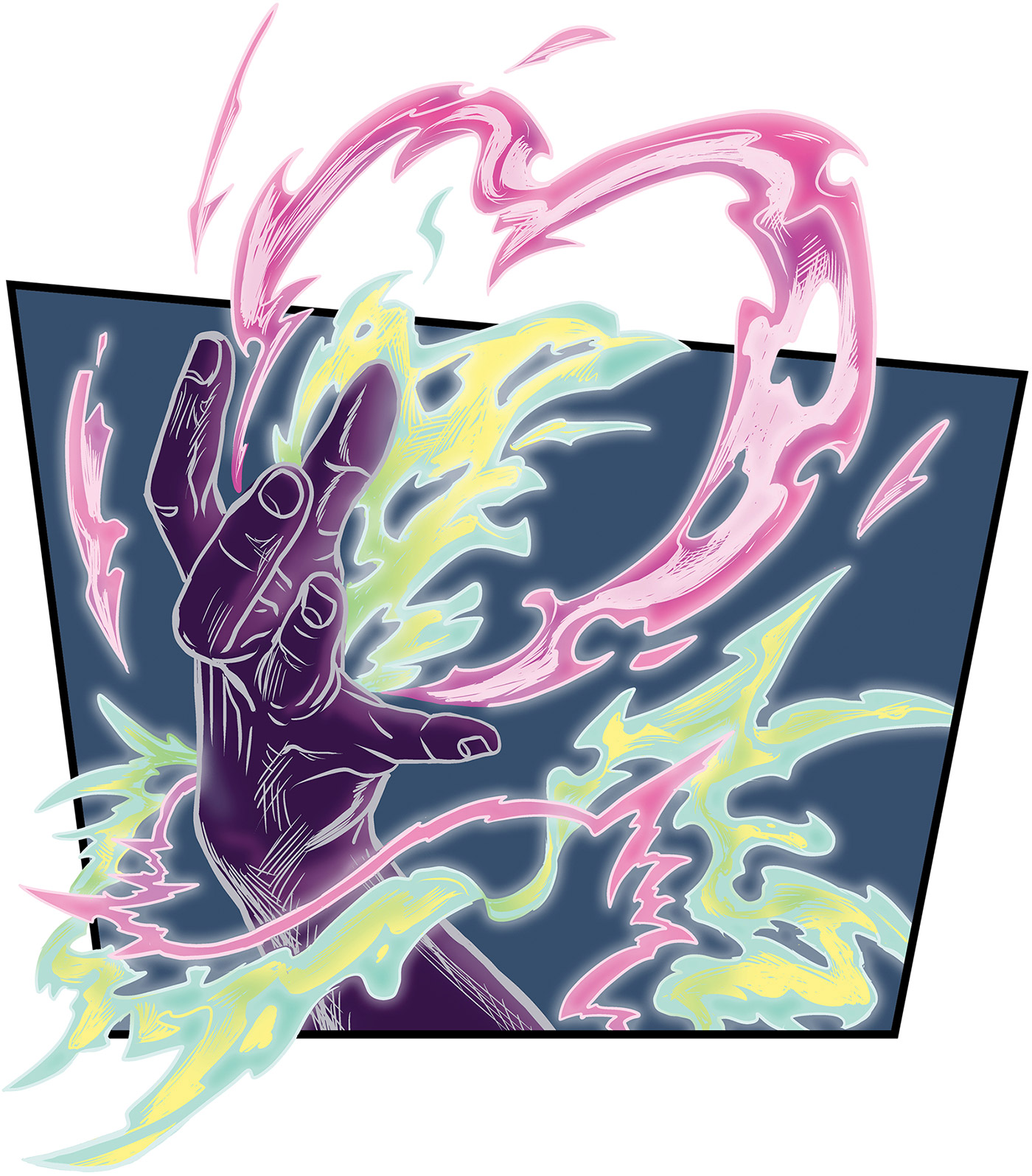 Graphic novel style drawing of a hand that appears to be directing lightning or magic to swirl the hand and forearm