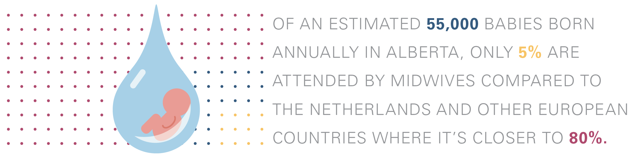 Of an estimated 55,000 babies born annually in Alberta, only 5% are attended by midwives Compared to the Netherlands and other European countries where it’s closer to 80%.