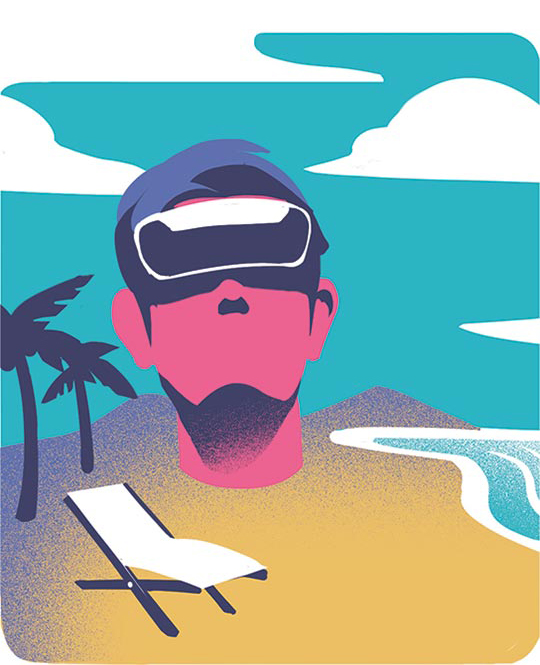 Illustration of a person's head wearing VR goggles resting on a beach.