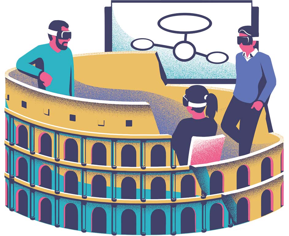 Illustration of three people wearing VR goggles having a meeting inside Rome's colosseum