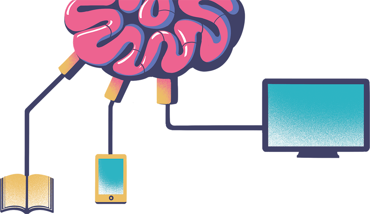 Illustration of a book, a cell phone and a monitor plugged into a brain by wires.