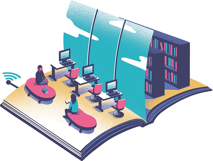Illustration of a book lying open. On it's pages are a set of bookshelves, a series of computers, and student studying on chairs
