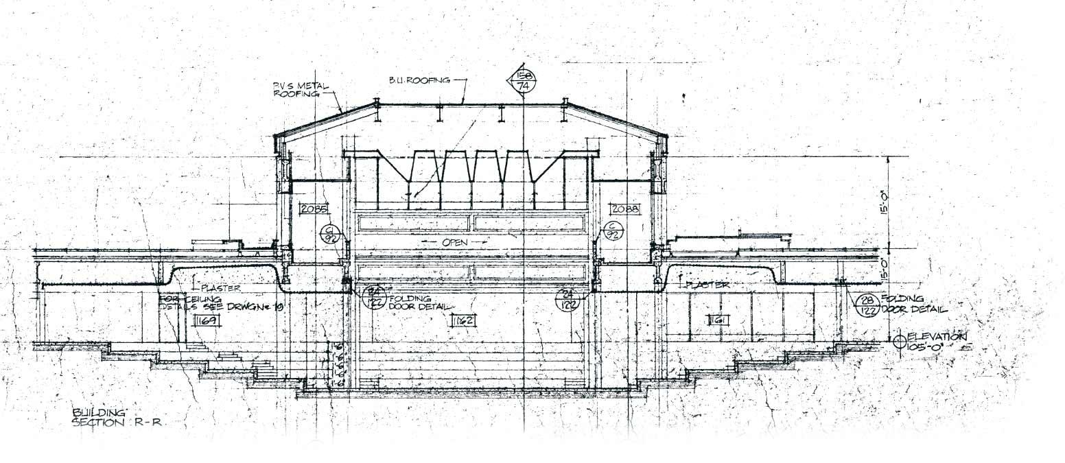 Blueprints of the forum from the side with illustrations of people dancing in the main part of the space.