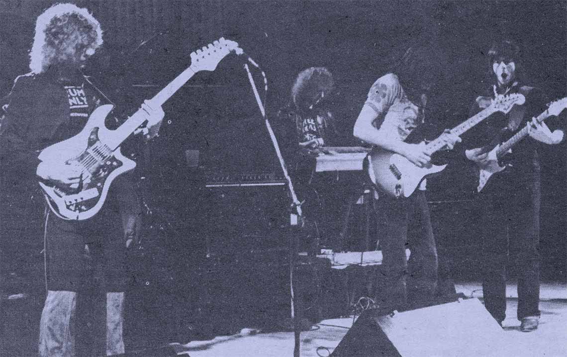 Historic photo of the band One Blue Horse playing at the Forum with a purple half-tone treatment applied.