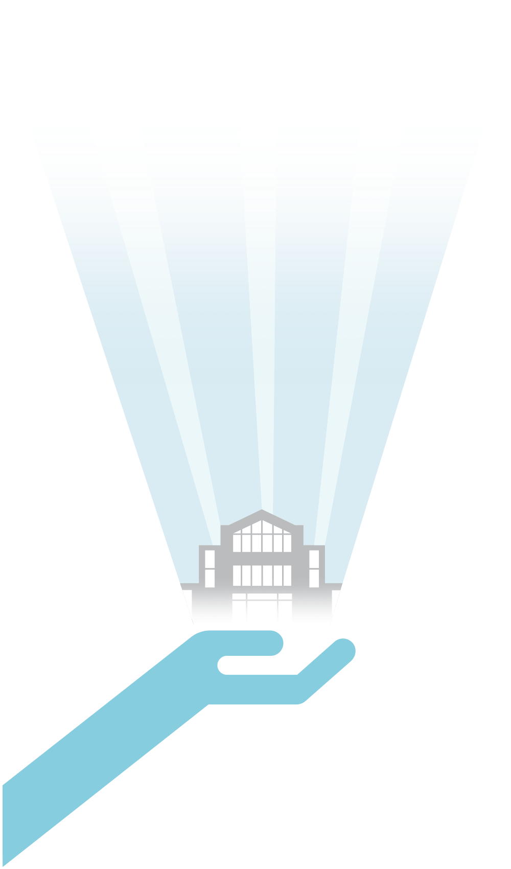 Illustration of a hand holding up a building of Mount Royal University. A glowing light is behind both images.