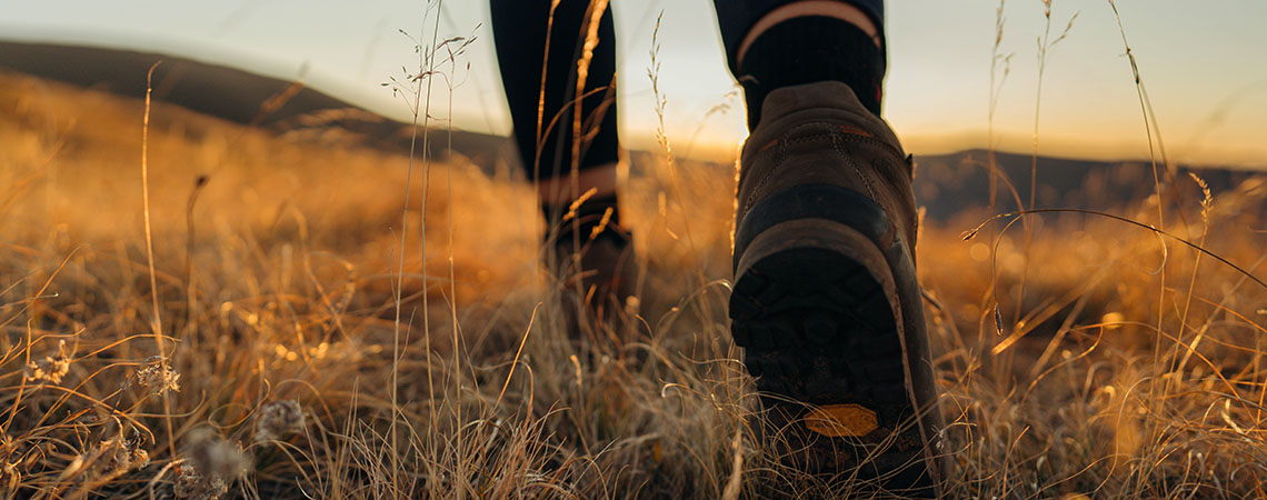 Photo at the ground of hiking boots walking through grass at golden hour.