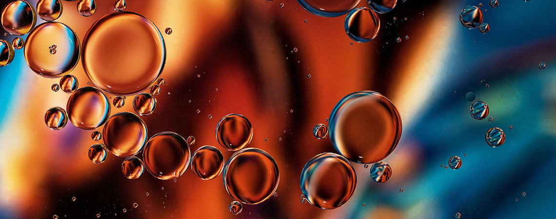 Bubbles on a red and blue background.