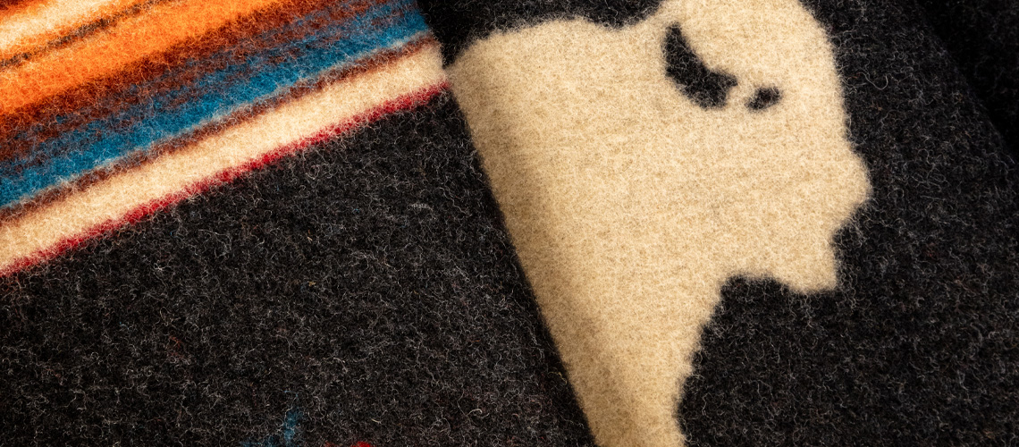 A blanket with a depiction of a buffalo.