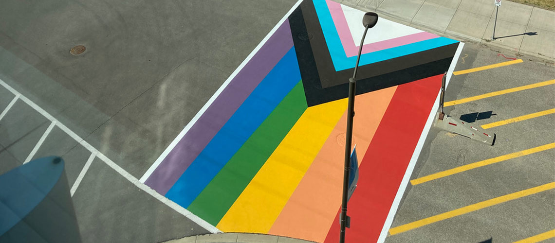 The Pride crosswalk, located in front of the Riddell Library and Learning Centre.