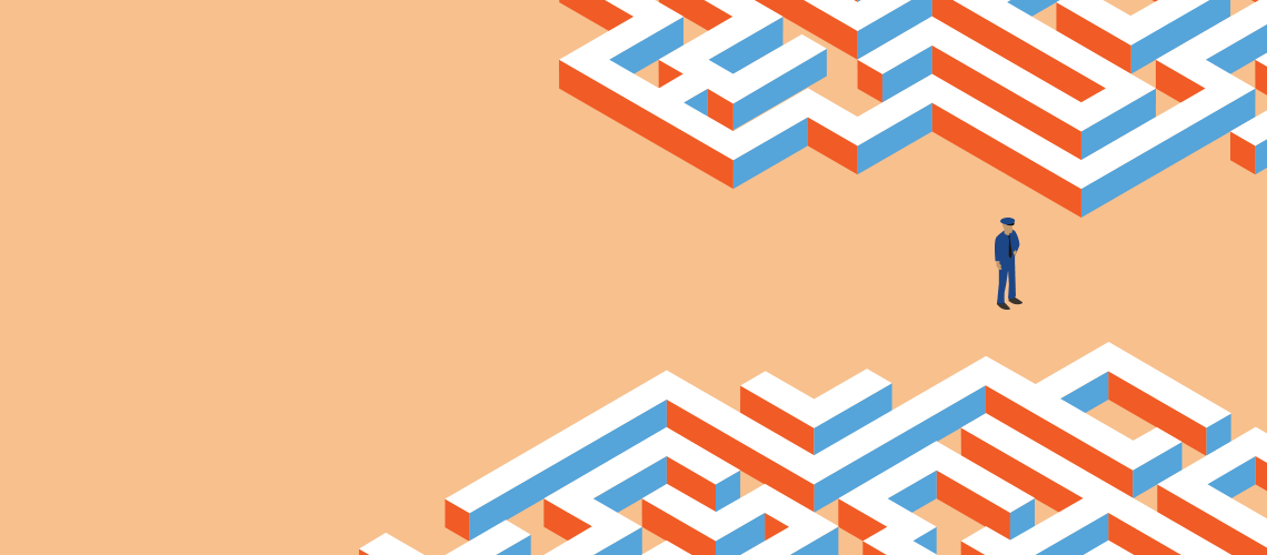 An illustration of a police officer standing between two mazes.