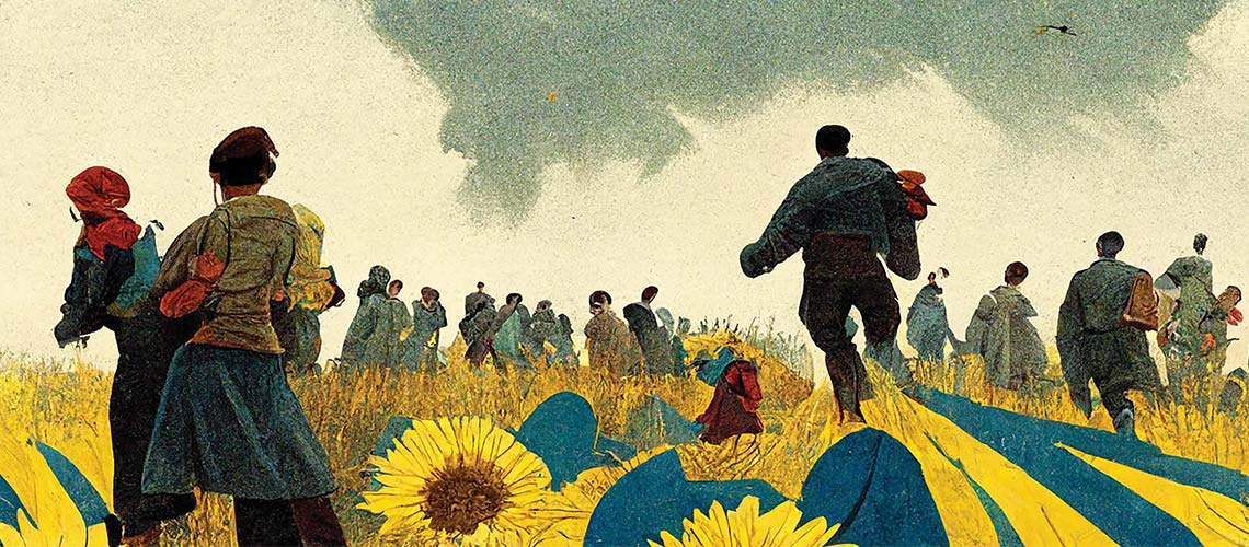 An illustration of a field of sunflowers with people walking through it.