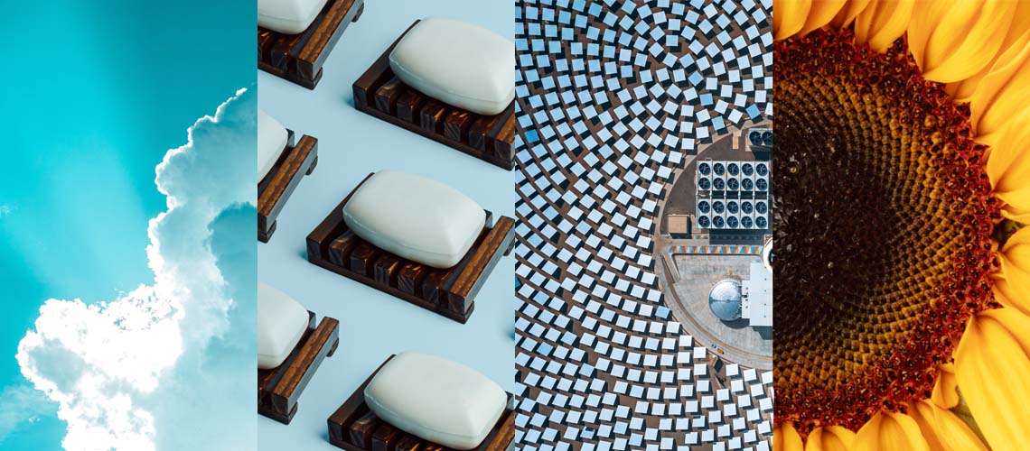 An image split in half down the middle. On the left an aerial photo of a solar farm with panels in rings. On the right a sunflower with similar rings in the center of the flower.