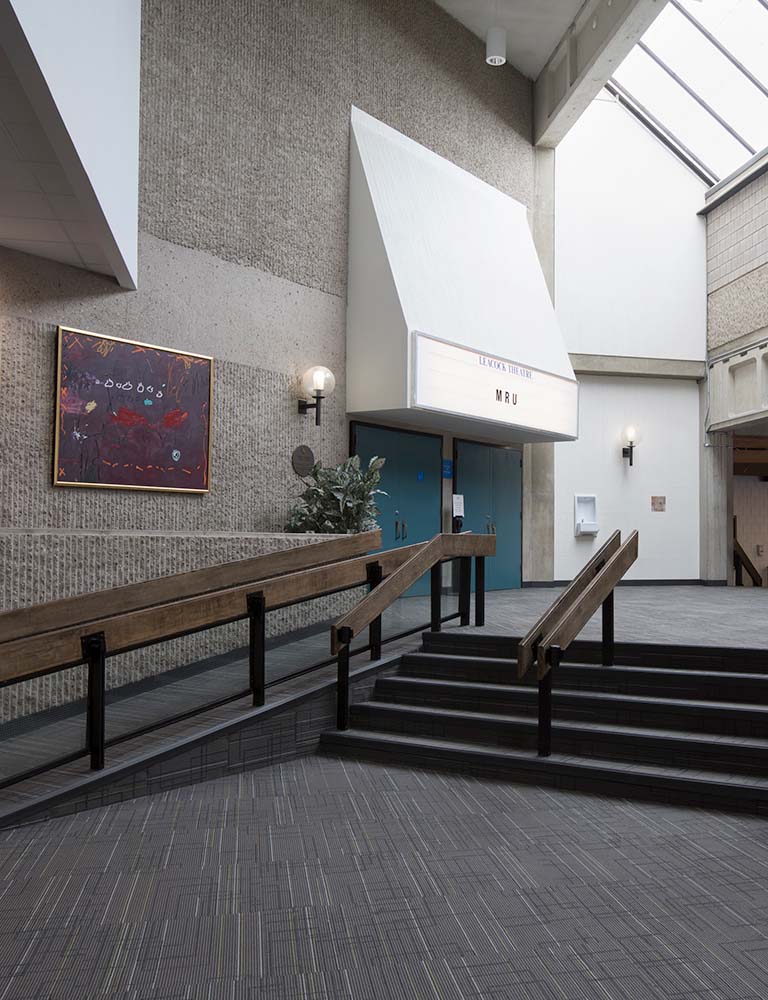 A foyer of a concert hall with unusual architecture.