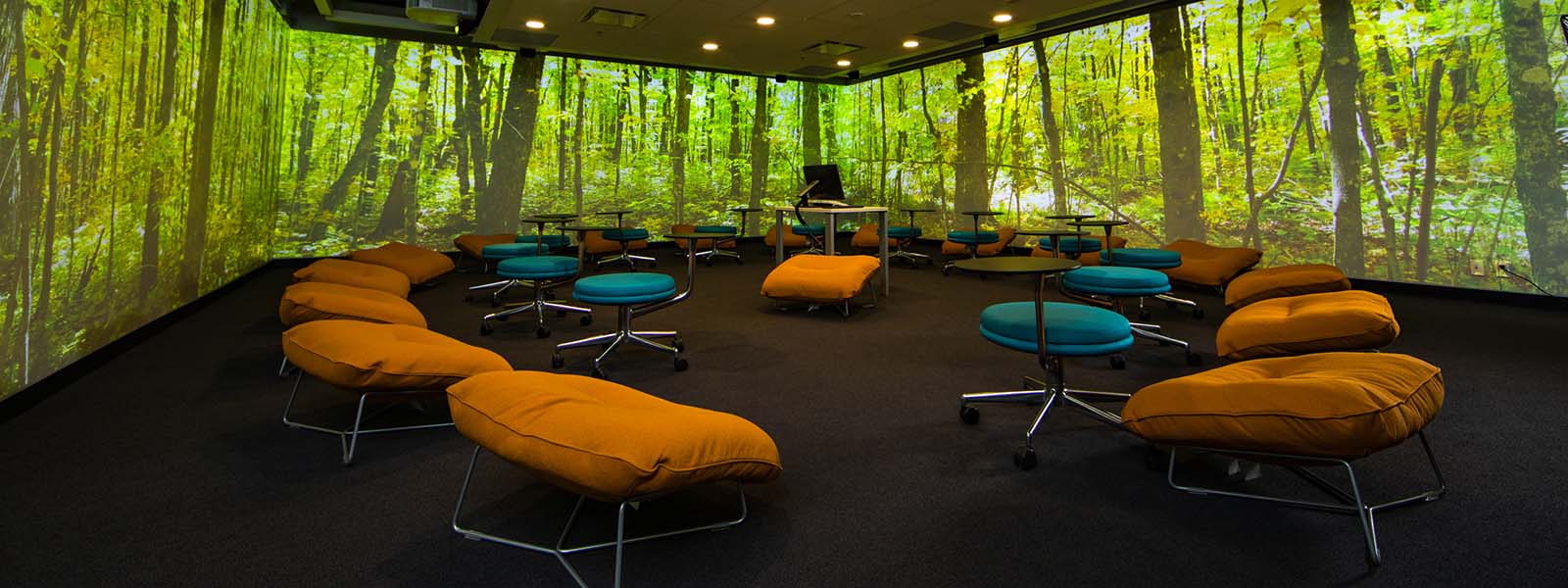 A bunch of seats arranged in the circle of a room with trees projected on all four walls.